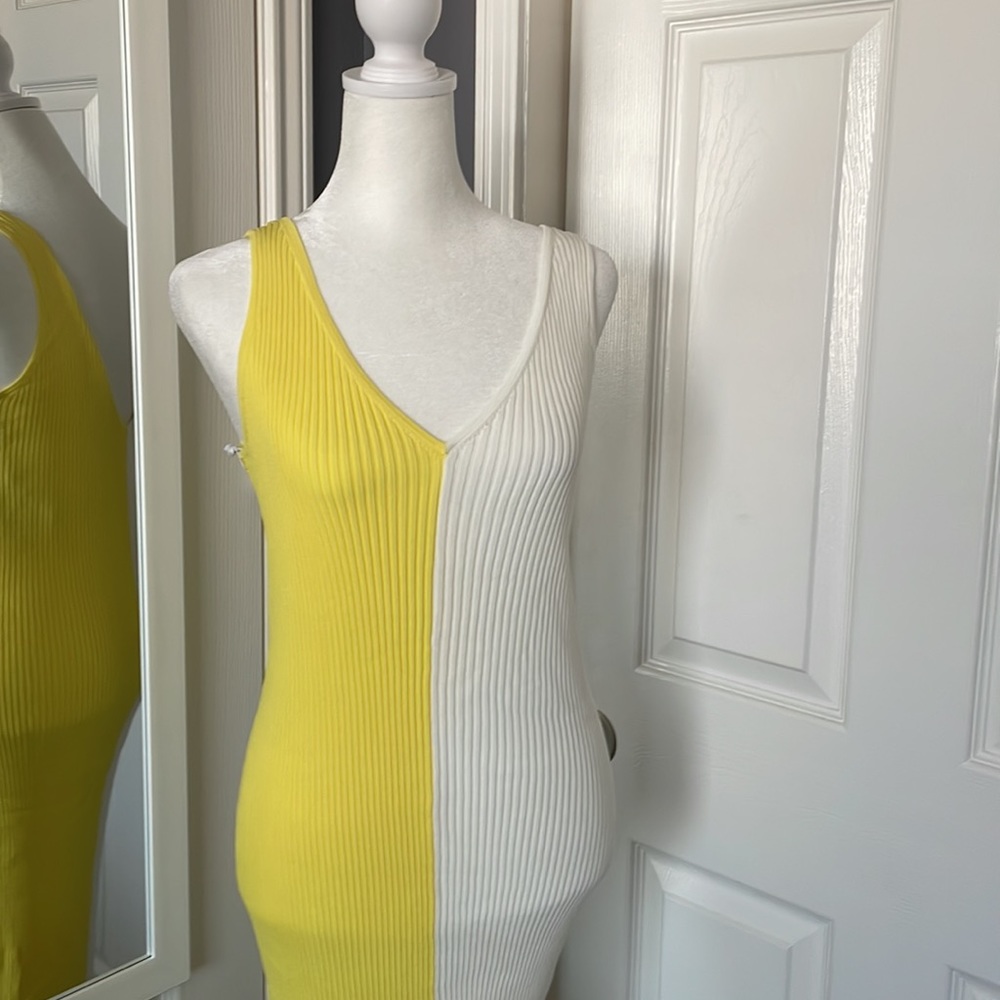 Staud Color Block body con dress in yellow and white